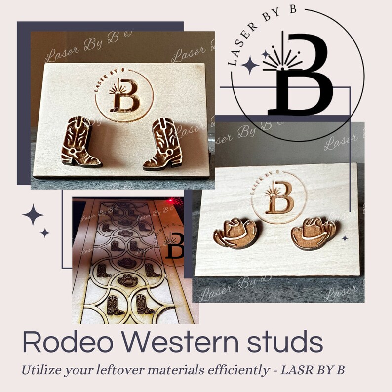 May include: A set of wooden cowboy boot and cowboy hat studs. The studs are laser cut and have a rustic brown finish. The image also shows a laser cutter cutting out more of the studs. The text "LASER BY B" is visible in the image.