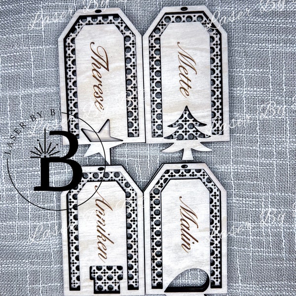 Personalizable Christmas Tags Set | Heart, Star, Tree, Sock Designs | Rattan Pattern | Elegant Gift Tags