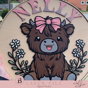 Puede incluir: Un letrero redondo de madera con el nombre "NELLY" en letras rosas. Una vaca de las Tierras Altas de dibujos animados con un lazo rosa se sienta en el centro del letrero. La vaca está rodeada de flores blancas y hojas verdes.
