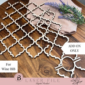 May include: A set of laser cut wooden lattice designs for wine bottle BIBs. The design is a repeating pattern of squares with rounded corners. The text "ADD ON ONLY" is visible in the image.