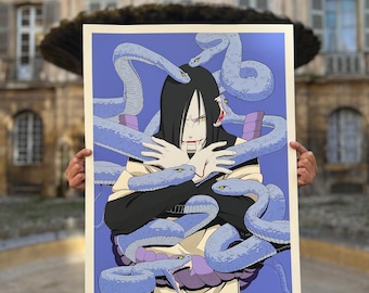 May include: A framed art print depicting a character from an anime series, encircled by blue snakes. The character has long black hair, yellow eyes, and wears a black and beige outfit. The background is a solid blue.