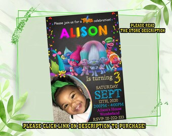 Personalize Trolls birthday invitation, Trolls invitation, Digital printable Birthday invitation for girls