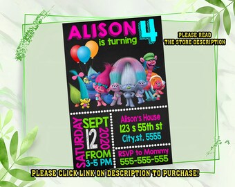 Personalize Trolls birthday invitation, Trolls invitation, Digital printable Birthday invitation for girls