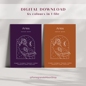 Pôster de Áries | Download digital | Signos do Zodíaco | 6 cores | Impressão do signo de Áries | Arte de parede de astrologia | Ideia de presente de Áries | Signos do Zodíaco