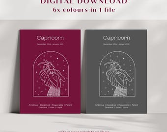 Capricorn Poster | Digital Download | Zodiac Signs | 6 Colours | Capricorn Star Sign | Astrology Wall Art | Capricorn Gift Idea | Star Signs