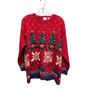 Vintage C-H-U Christmas Sweater Medium Red Knit Holiday Pullover With Embellished Trees & Reindeer