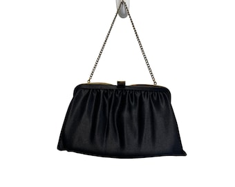Vintage Black Satin Clutch Purse With Gold Chain Strap & Frame
