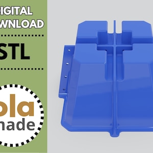 May include: A blue plastic 3D printed model of a square base with a cross-shaped top. The model is designed to be used as a building block or a decorative element.