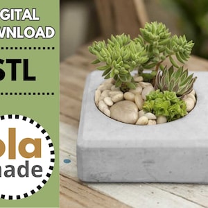 Könnte beinhalten: Ein quadratischer, grauer Beton-Pflanztopf gefüllt mit kleinen Sukkulenten und weißen Kieselsteinen. Der Pflanztopf hat eine abgerundete Öffnung und enthält verschiedene grüne und violett gefärbte Sukkulenten. Das Bild enthält auch den Text "DIGITAL DOWNLOAD STL" und das Logo "ola made".