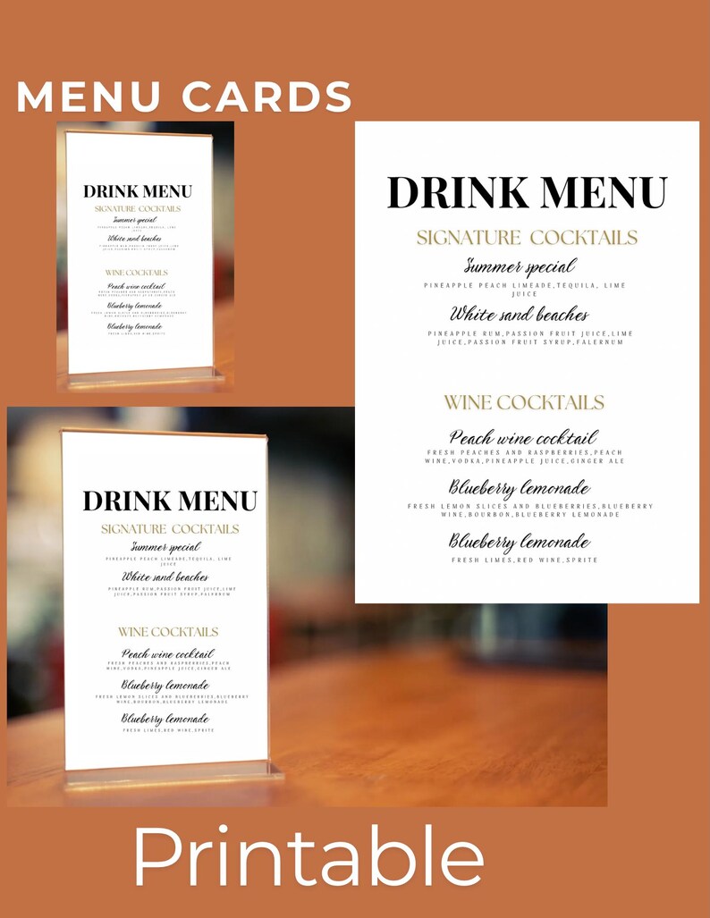 Printable Drink Menu Cards Template Etsy