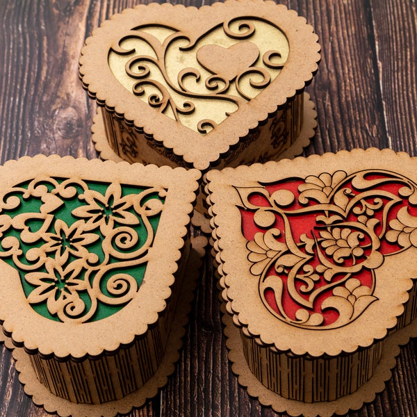 Modèle de boîte à bijoux en bois en forme de coeur découpé au laser, mariage histoire d'amour, fichiers vectoriels pour découpe laser