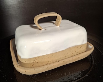 White, hand-thrown, large butter dish