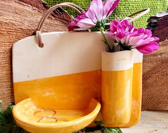 Vase with bowl for hanging, hand-thrown, orange