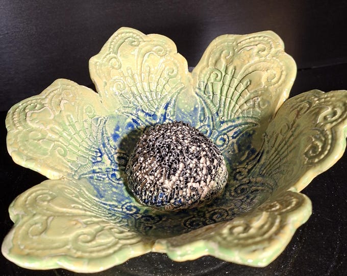 Featured listing image: Birdbath, flower design, apple green, hand-thrown