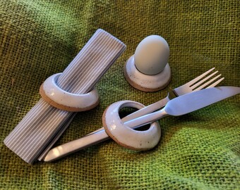 6 napkin rings - egg cups - cutlery holders, hand-thrown