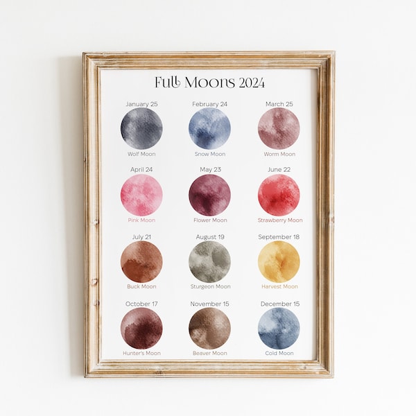 2024 Full Moon Calendar, Monthly Moons Names, Full Moons, Wall Art, PDF, Printable Minimalist Art, Lunar Calendar, Watercolor Print