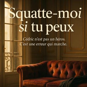 Peut inclure: Un sac de voyage en cuir marron, une paire de baskets sombres et un canapé en velours rouge foncé sont dans une pièce avec le texte français "Squatte-moi si tu peux" et d'autres textes. La pièce a un sol en bois et une fenêtre.