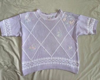 Vintage 90s Jeanne Pierre Pastel Knit Crewneck Pullover Short Sleeve Sweater Top Geometric Floral Coquette Cottagecore Femme