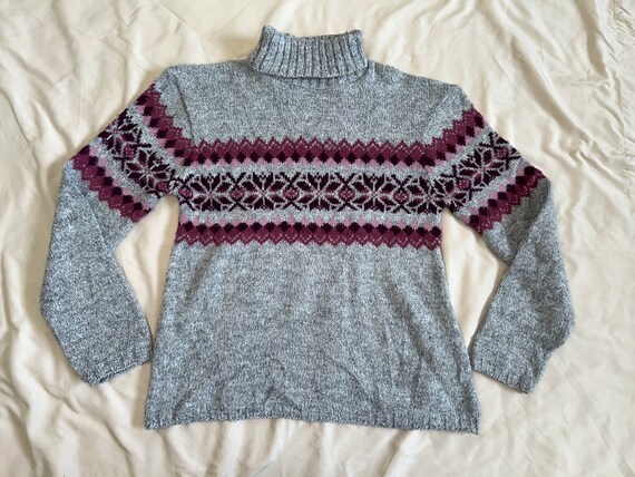 Vintage Y2K Fair Isle Turtleneck Sweater: Gray Ma… - image 1