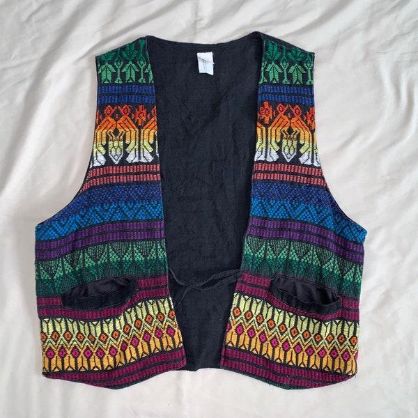 Vintage Lightweight Multicolor Tribal Tie Closure Vest Boho Hippie Guatemala