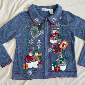 Vintage Victoria Jones Christmas Cardigan: Kitsch Snowman Patchwork
