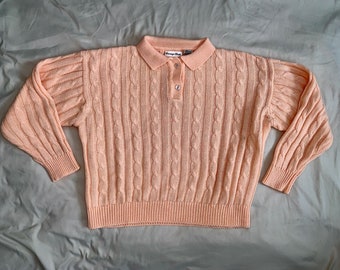 Vintage Y2k Tennis Prep Cable Knit Peachy Pink Henley Collared Sweater Carriage Court for Sears
