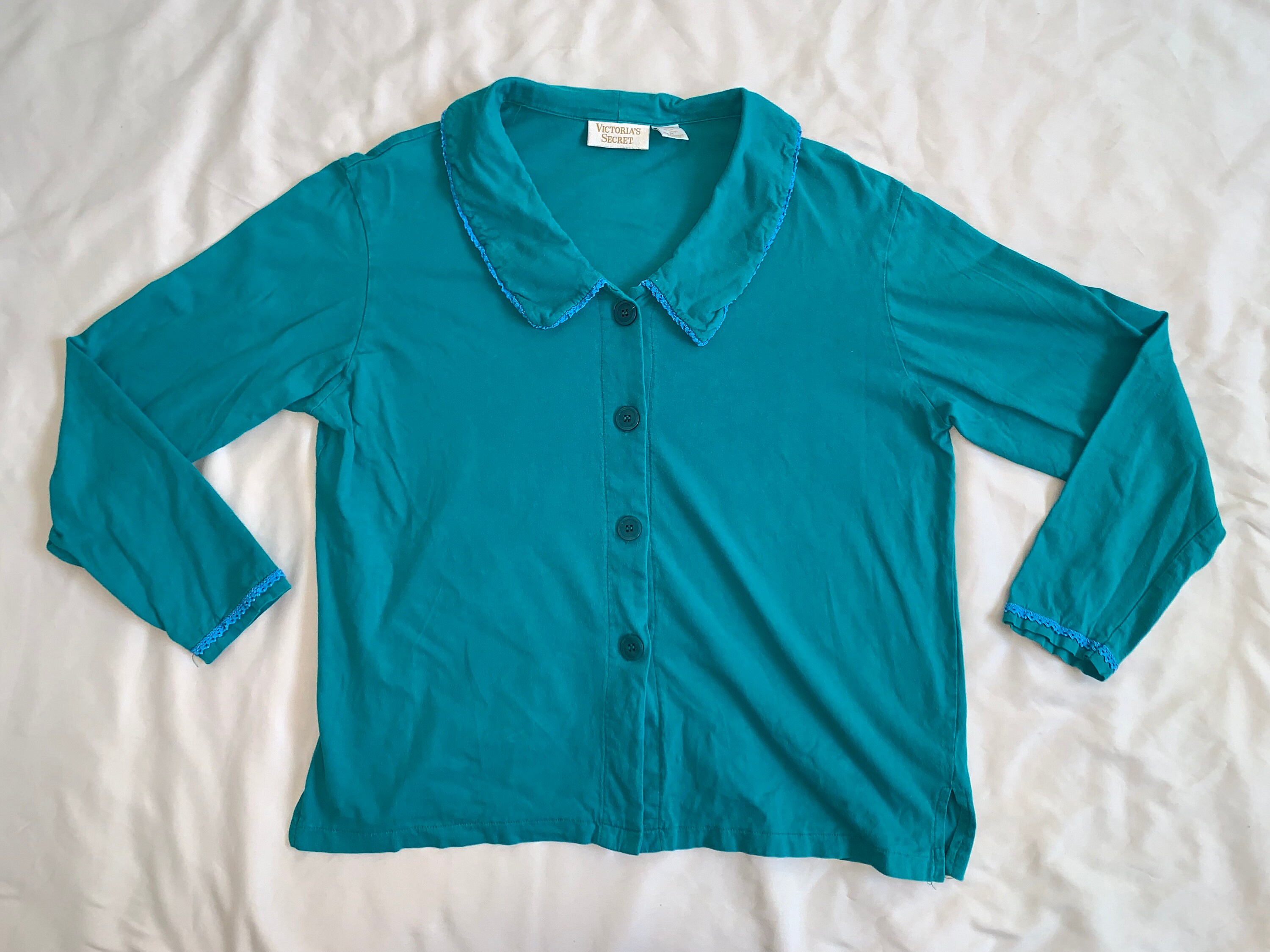 Vintage VS Gold Label Peter Pan Collar Button Front Teal Shirt W Blue Lace Detailing Cottage Mermaid Cozy Classic