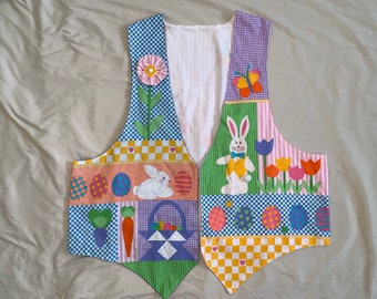Vintage Handmade Lovely Ugly Kitsch Cottage Spring Easter Bunny Garden Floral Pastel Open Front Vest Festive Square Stripes Bright