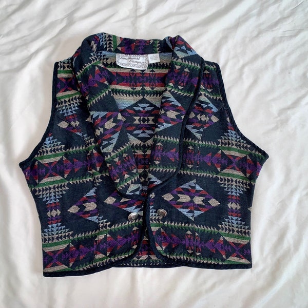 Vintage Southwest Canyon Cropped Vest Jewel Tone Tribal Aztec Boho Hippie Western Southwestern