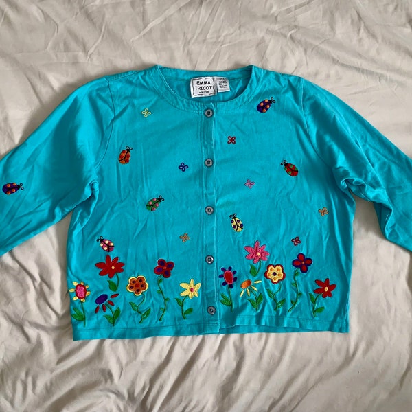 Vintage Emma Tricot New York Bright Blue Button Front Cardigan 3/4 Sleeve Multicolor Floral Embroidered Lady Bug Cottage Nature Garden