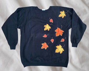 Vintage Y2k Hanes Her Way Crewneck Sweatshirt Textured Unique Fall Autumn Leaves Gorpcore Prep Cottagecore