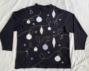 Vintage Kitsch Bechamel Christmas Lights Snowflake w Sequins & Lace Detail Mockneck Long Sleeve Shirt