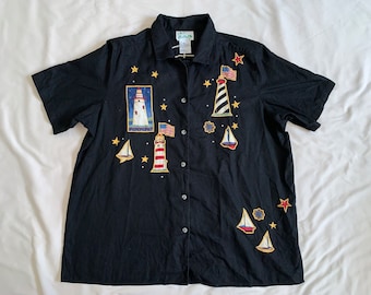 Vintage Quacker Factory Nautical Shirt: Embroidered Lighthouse Linen Blend