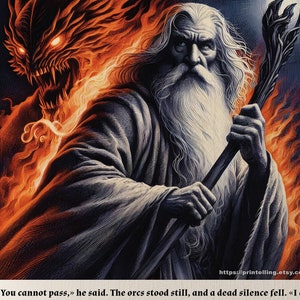 Póster imprimible de Gandalf vs. Balrog; lámina artística de El Señor de los Anillos con cita icónica del libro; arte mural digital de alta resolución para fans de ESDLA.