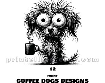 Op de afbeelding: Zwart-witte illustratie van een grappige, harige hond die een kopje koffie vasthoudt. De hond heeft grote, ronde ogen en een verraste uitdrukking. De tekst "12 Funny Coffee Dogs Designs" staat onder de afbeelding. De tekst "Personal and Commercial Use" staat onder de tekst "12 Funny Coffee Dogs Designs". De tekst "SVG & PNG" staat onder de tekst "Personal and Commercial Use".