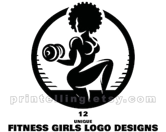 May include: Black and white logo design of a woman lifting weights. The woman is in a circle with a textured background. The text "12 UNIQUE FITNESS GIRLS LOGO DESIGNS AFRICAN-AMERICAN EDITION PERSONAL AND COMMERCIAL USE SVG & PNG" is below the circle.