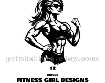 Fitness Girl SVG & PNG Bundle | 12 Unique Workout and Bodybuilding Clipart | Commercial Use