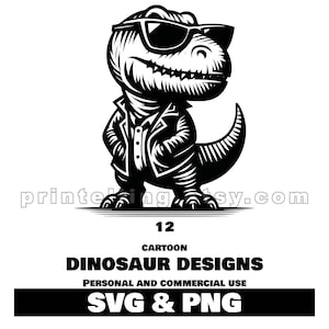 T-Rex Dinosaur Noszący Okulary Przeciwsłoneczne PNG & SVG Bundle; 12 Projektów Kreskówek na Koszulki, Dekoracje, Materiały Do Wydruku; Użytek Komercyjny, Natychmiastowe Pobieranie