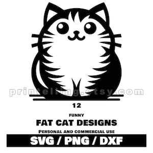 Funny Fat Cat Cartoon SVG, PNG, DXF Bundle; 12 Cute Designs to Make T-Shirts, Decor, Mugs, Cricut & Laser Cut Crafts for Kids and Cat Lovers