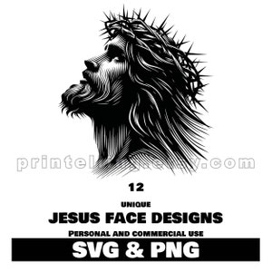 Paquete SVG y PNG de rostro de Jesús, 12 imágenes prediseñadas para diseñar camisetas, calcomanías, artículos de papelería y otros productos con temática cristiana