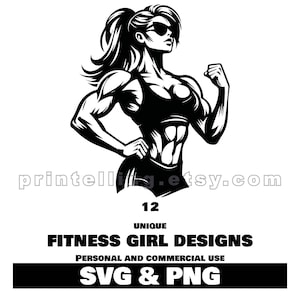 Fitness Girl SVG & PNG Bundle | 12 Unique Workout and Bodybuilding Clipart for Gym Ads, Branding, Apparel, Merch and More | Commercial Use