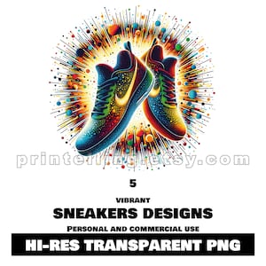 Unique Sneakers PNG Clipart Bundle; 5 Vibrant High Resolution Images to Design Cool T-Shirts, Posters, Wall Art, Mugs, Tumblers and More