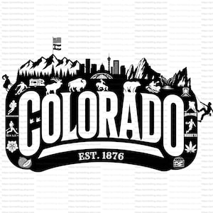 May include: Black and white graphic design featuring the word "COLORADO" with a mountain range, a flag, and various icons representing the state, including a bear, a bison, a deer, a skier, a snowboarder, a baseball player, a football player, a basketball player, a hockey player, and a soccer player. The text "EST. 1876" is also included.