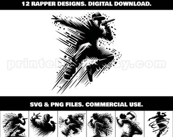 Rapmuziekartiesten SVG- en png-clipartbundel; 12 unieke zingende rapperontwerpen; Commercieel gebruik