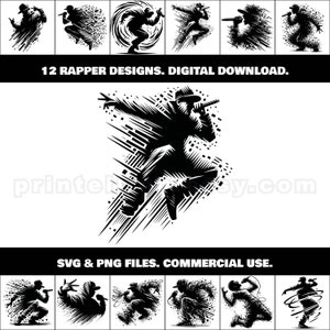 Rap-Musikkünstler SVG- und PNG-Clipart-Bundle; 12 einzigartige singende Rapper Designs für T-Shirts, Wandbilder, Poster, Merch für Rap und Hip-Hop Fans