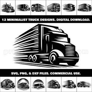 Pacote SVG, PNG e DXF de semi-caminhões; 12 designs minimalistas de caminhões para projetos de branding, pôsteres, camisas, arte de parede e corte a laser; Uso comercial