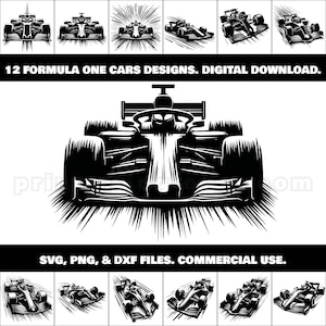 Formel Eins Autorennen SVG, PNG, DXF Bundle | 12 Hochgeschwindigkeits-Clipart für T-Shirts, Merch, Poster, Wandkunst, Aufkleber, Abziehbilder, Tassen und mehr