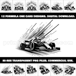 Formel 1 Autorennen PNG-Bundle; 12 Epische hochauflösende transparente Hintergrund Clipart für T-Shirts, Merch, Poster, Wandkunst, Dekor, Tassen & mehr