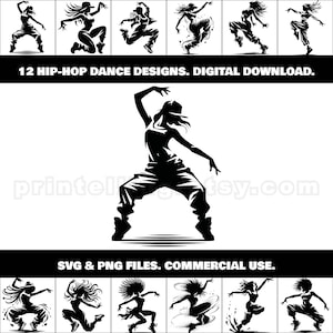 Ensemble SVG et PNG pour filles de danse hip-hop ; Clipart dynamique pour concevoir des t-shirts, des oeuvres d'art mural, des affiches, la marque de studio de danse, des produits dérivés, des décalcomanies et plus encore