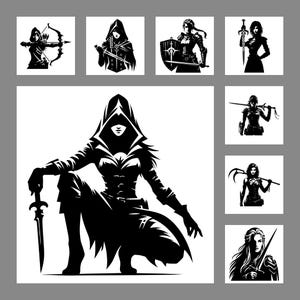 May include: Black and white illustrations of female warriors in various poses. The central figure kneels, holding a sword, while others wield bows, swords, shields, and scythes. All figures are depicted in a stylized, graphic art style.